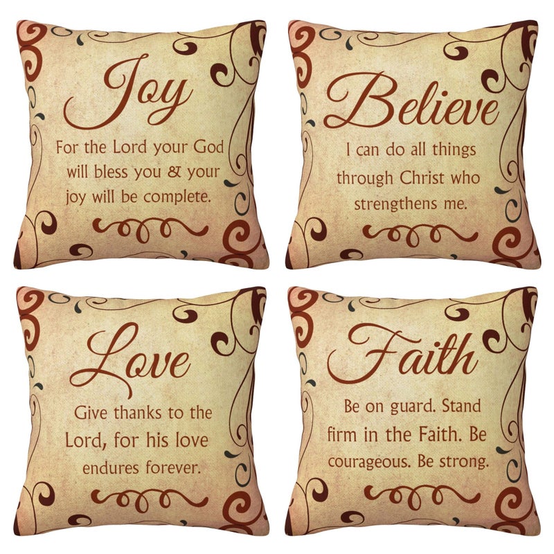 NIDITW Set of 4 Gift Scripture Sayings Joy Love Faith Believe I Can Do All Things Through Christmas Who Strengthen Me Vintage Body Burlap Throw Pillow Case Cover Sofa Decorative Square 18 Inches - Image 1
